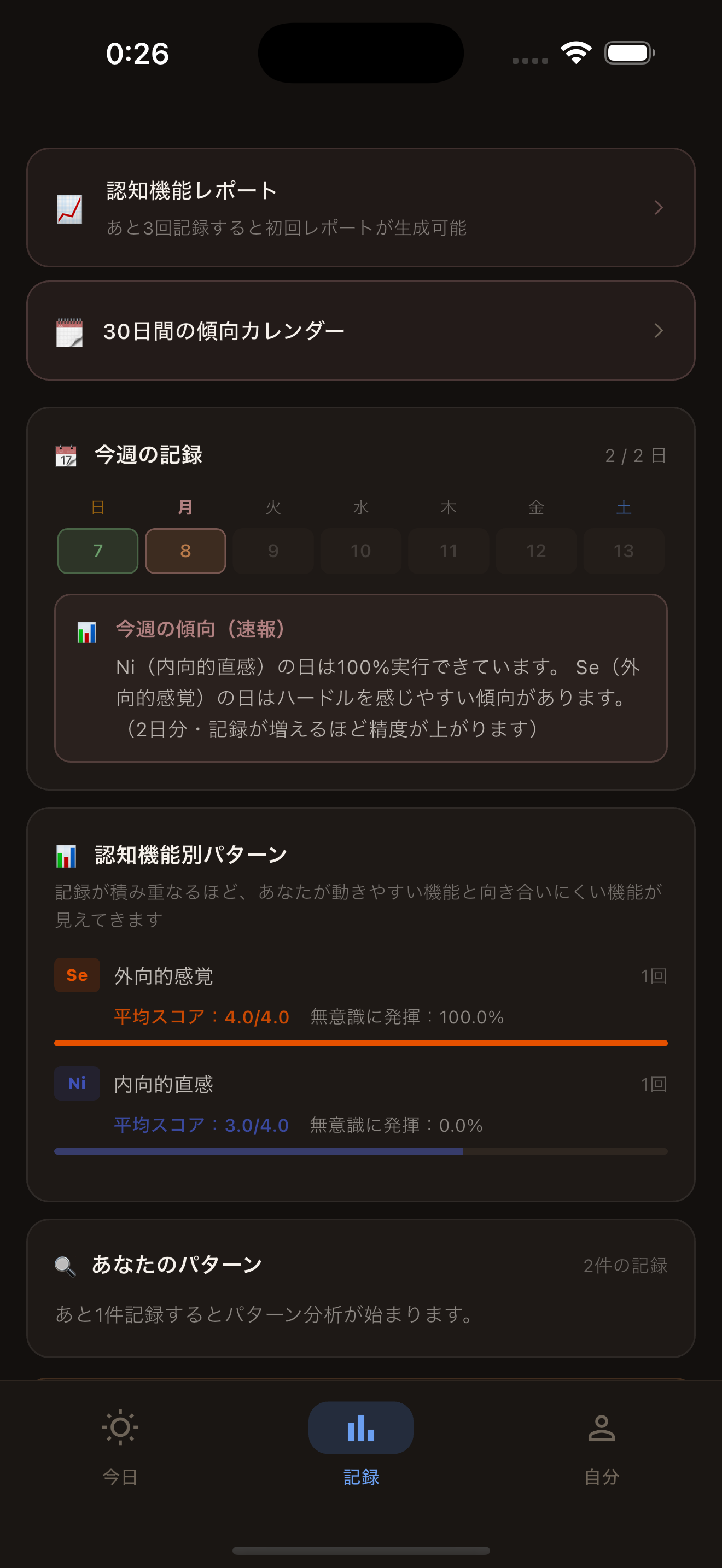 記録タブ：認知機能別パターン分析と今週の記録