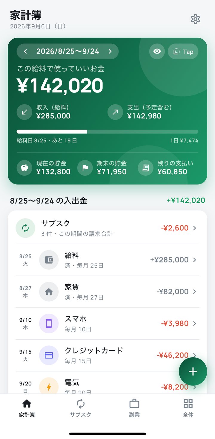 さきどり家計簿 家計簿タブ