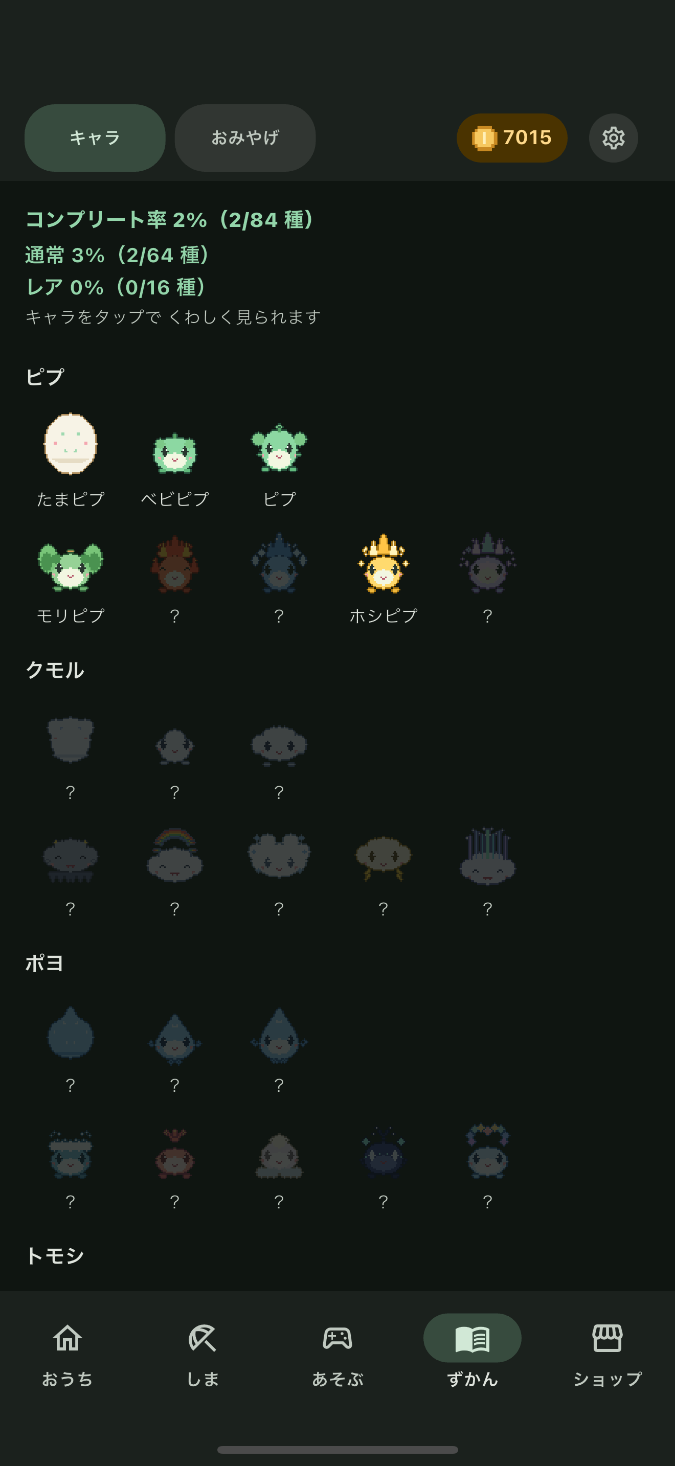ずかん画面：コンプリート率と系統ごとのキャラクター一覧