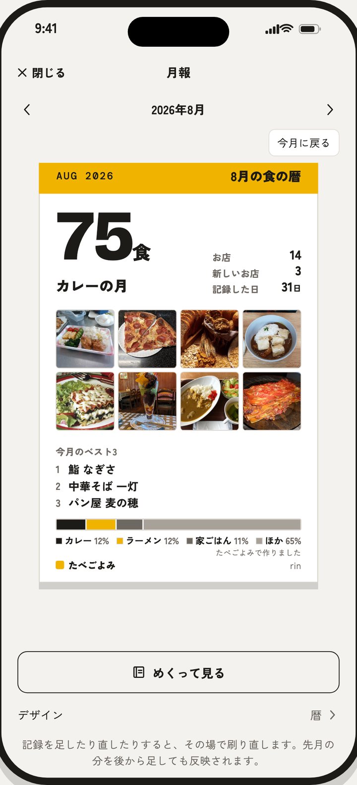 月報：ひと月の記録が一枚に刷り上がっている