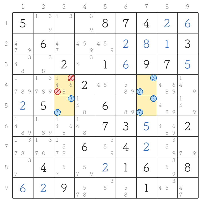 候補3と7のユニークレクタングル。4行3列の3と7を消せる盤面